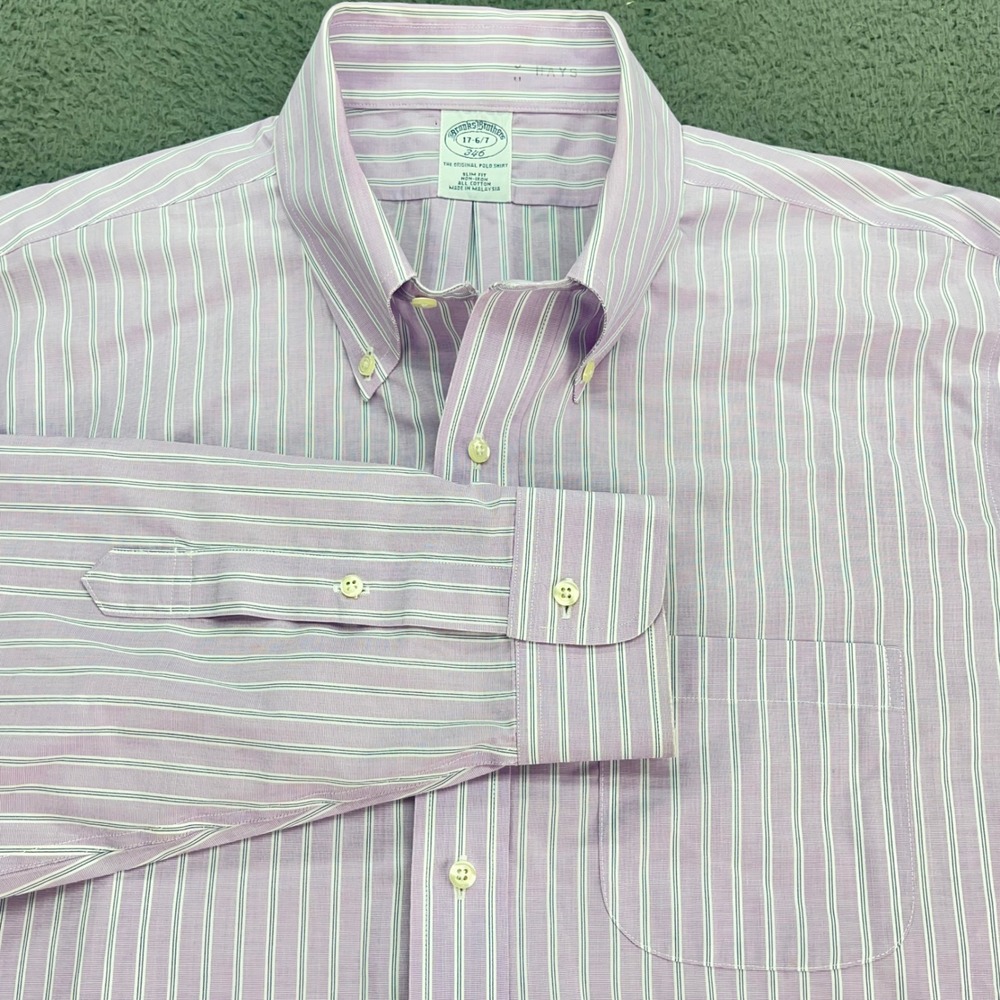 Brooks Brothers Slim Fit Non Iron Pink White Stripe Button Down Shirt Mens 17‎